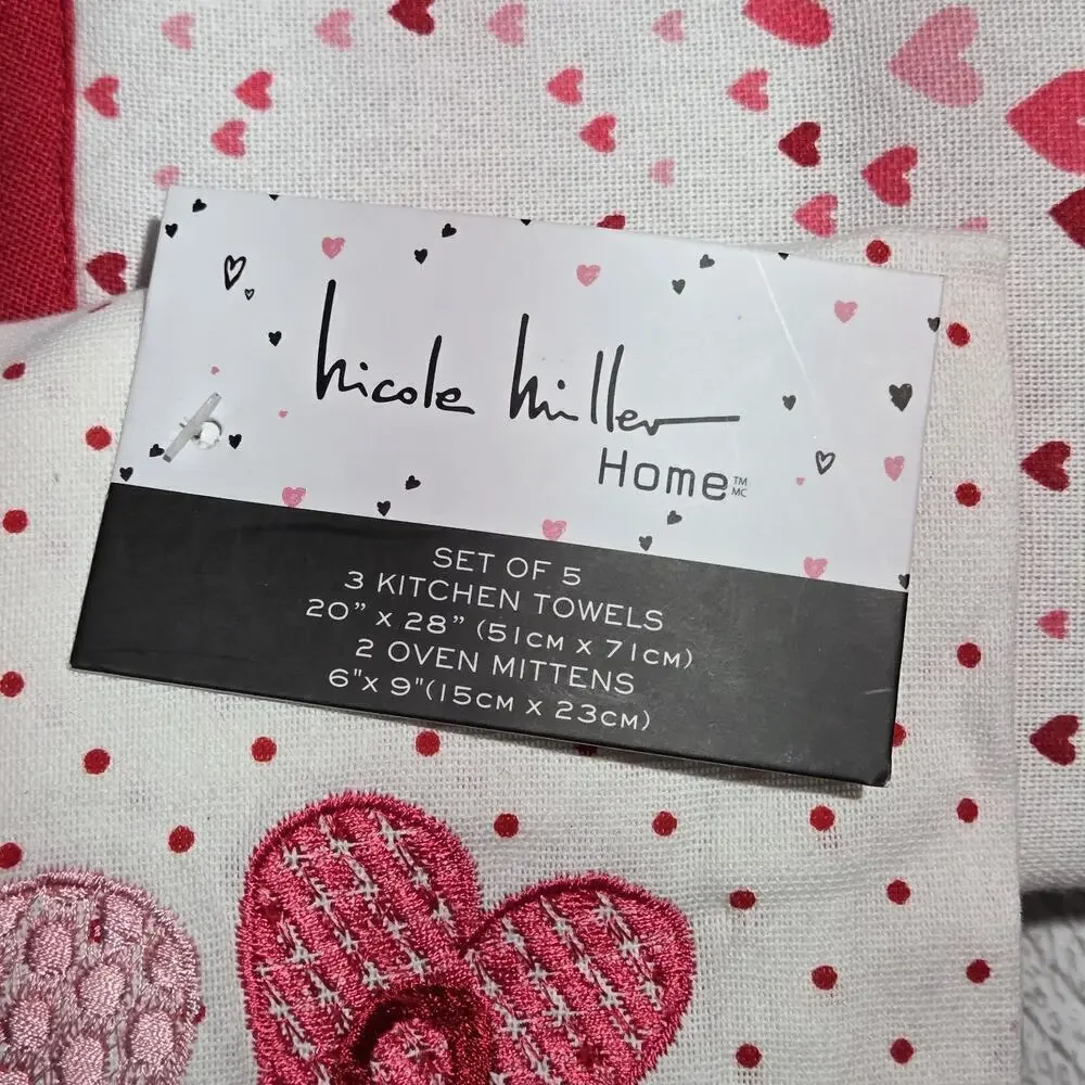 Nicole Miller Kichen Set 3 Towels W 2 Oven Mitts Dachshunds Hearts Pink LOVE NWT